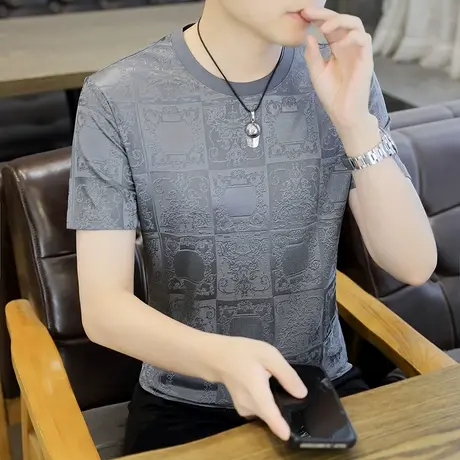 2025夏季新款男士冰丝短袖T恤衫潮流体恤夏装上衣服半袖提花欧货商品大图
