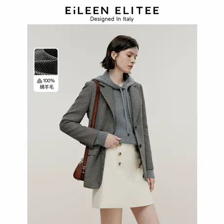 朗姿欧洲EiLEEN ELITEE2024冬新款纯羊毛复古千鸟格休闲西装外套图片