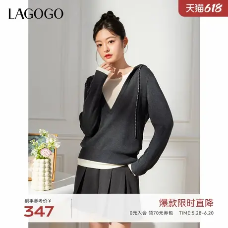 LAGOGO简约撞色连帽针织衫女拉谷谷2025年春季新款假两件弹力上衣商品大图