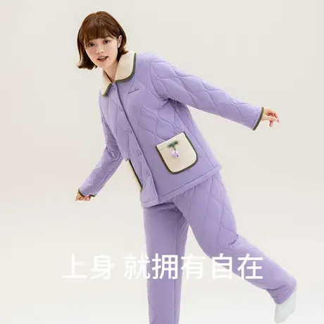 秋鹿三层加厚夹棉睡衣女款冬款保暖甜美家居服女秋冬加厚针织开衫商品大图