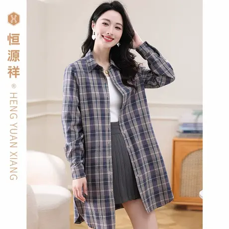 恒源祥纯棉格子衬衫女长袖100%棉日系宽松慵懒风薄中长款外穿衬衣图片
