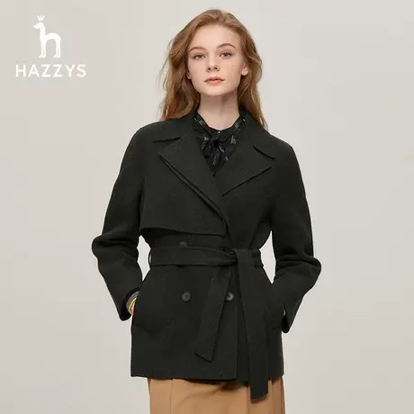 Hazzys哈吉斯女装风衣式翻驳领短款呢子大衣2023秋冬新款通勤外套图片