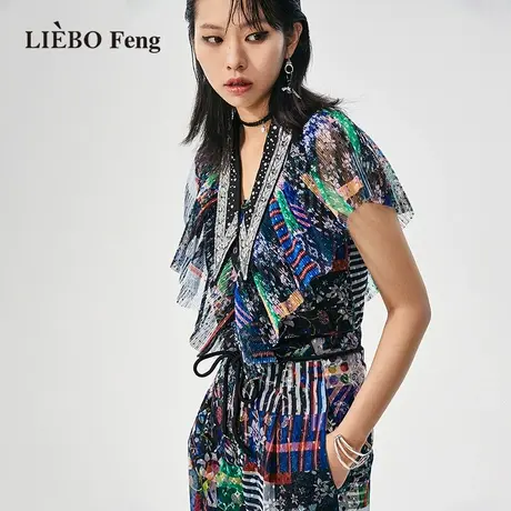 裂帛LIEBOFeng2023年新款民族风设计款翻领刺绣烫钻雪纺蕾丝衫图片