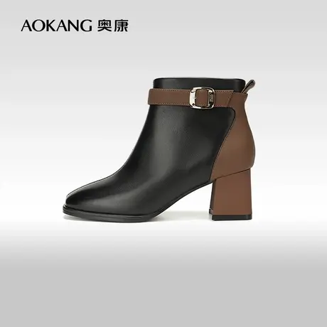 奥康女鞋 冬季新款羊皮加绒靴子拼色粗跟短靴子时尚百搭时装短靴M商品大图