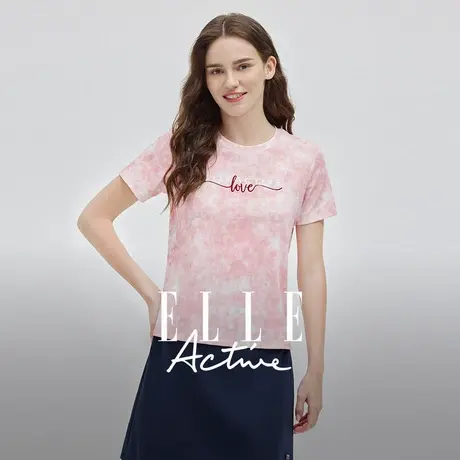 【花花推荐】ELLE Active活力粉色短袖t恤女25新款圆领扎染上衣商品大图