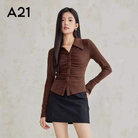 A21女装针织修身翻领长袖T恤秋季新款气质纯欲风褶皱上衣打底衫商品大图