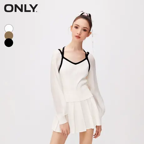 ONLY秋季通勤风百搭法式纯色方领短款雪纺衫女|123351008商品大图
