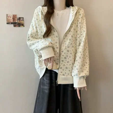 法式复古碎花连帽卫衣女春秋薄款韩版宽松拉链开衫上衣外套ins潮商品大图