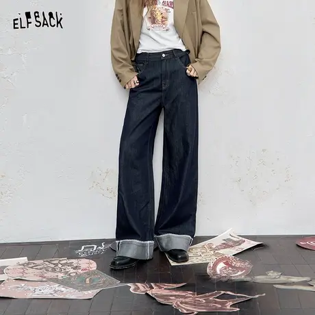 妖精的口袋复古深蓝翻边直筒牛仔裤女2025秋季新款休闲显瘦阔腿裤图片