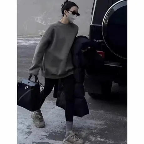 灰色圆领卫衣女新款2025早秋爆款美式复古oversize港风高级感上衣商品大图