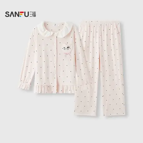 三福女冬季荷叶领波点睡衣套装 甜美宽松抗静电长袖家居服507767图片