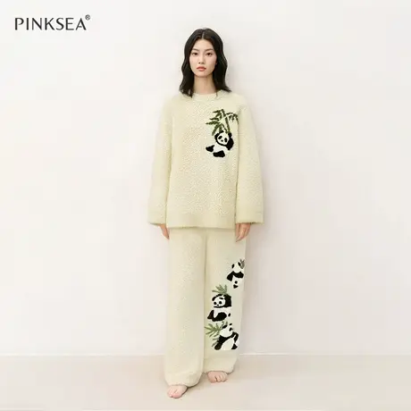 【软绵绵】睡衣女款秋冬季半边绒长袖加厚套头国风熊猫家居服套装商品大图