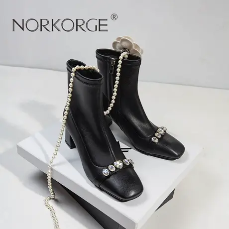 NorKorGe/诺卡格大牌多棱钻装饰中粗跟显瘦瘦瘦靴-精致黑商品大图
