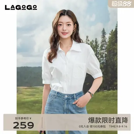 LAGOGO全棉落肩袖衬衫女拉谷谷2025年夏季新款通勤宽松翻领上衣商品大图