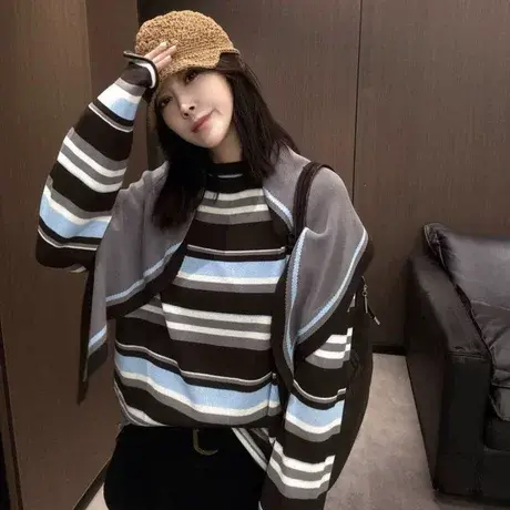 高级感条纹针织衫女秋季披肩外搭叠穿两件套早秋韩系穿搭chic上衣商品大图