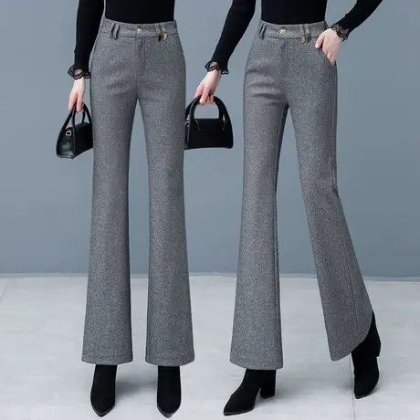 灰色人字纹毛呢裤女秋冬2023新款高腰显瘦微喇叭裤呢子微辣长裤商品大图