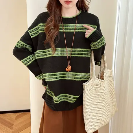 唐狮秋冬季毛衣女复古休闲撞色条纹上衣宽松圆领套头毛线衫TU图片