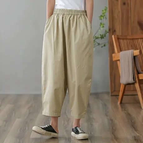 dza 高腰显瘦纯色全棉九分裤子女春秋宽松阔腿裤直筒哈伦裤百搭裤商品大图