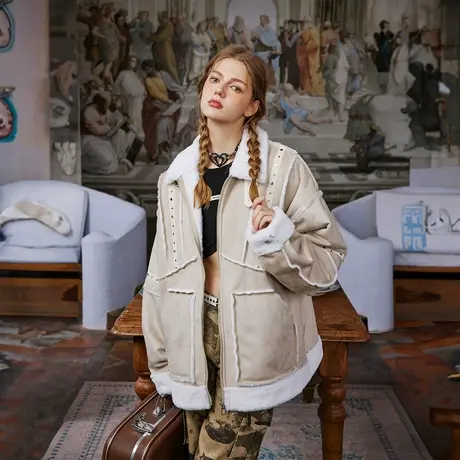设计感拼接棉服女2023新款加厚冬季机车羊羔毛外套复古宽松棉衣潮商品大图