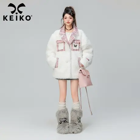 KEIKO 白色羊羔毛绒外套夹棉加厚2023冬季小香风花呢拼接保暖棉服商品大图