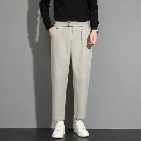 春秋季厚款毛呢裤子男士修身长裤韩休闲直筒哈伦裤松紧腰九分西裤图片