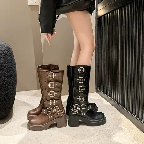 长筒靴女2023春秋季新款小众设计感高级气质瘦瘦靴粗跟高跟骑士靴商品大图