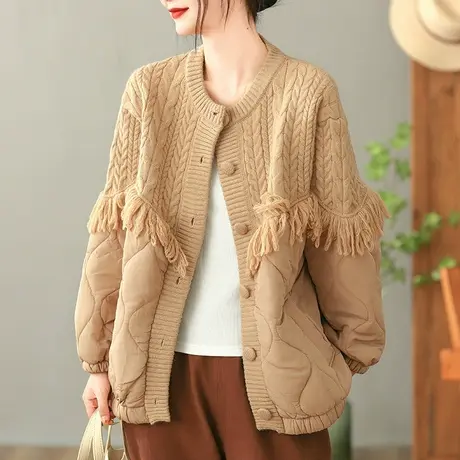 dza 复古设计感针织拼接加厚棉衣外套女冬季宽松短款棉服漂亮棉袄商品大图