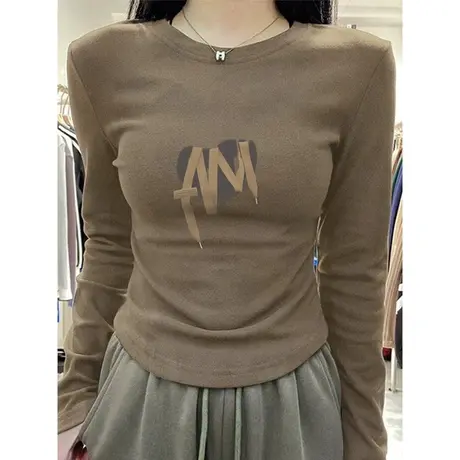 美式复古内搭德绒打底衫女秋冬装修身显瘦短款小个子长袖T恤上衣商品大图