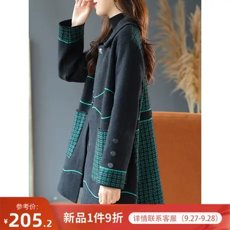 宝诗黎翻领中长款烫钻格子外套2023新款秋冬季宽松仿毛呢大衣女装商品大图