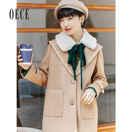 【买1送1】Oece复古毛呢西装冬季新款女装修身中长款呢子大衣商品大图