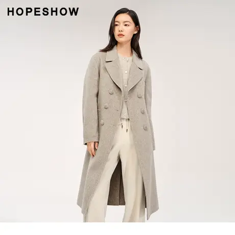 红袖outlets纯色系带双排扣大衣hopeshow2023冬款灰色长款外套女商品大图