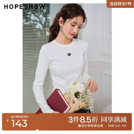红袖outlets主题绣T恤hopeshow2023春季新款女正肩圆领套头打底衫图片