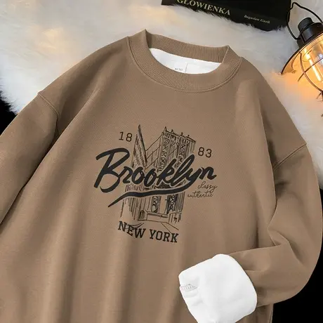 450g重磅圆领卫衣男秋冬款摇粒绒保暖长袖t恤无帽上衣服宽松潮流商品大图