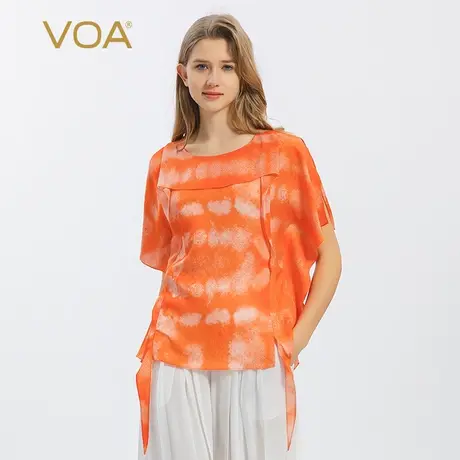 VOA提花桑蚕丝橘橙色圆领蝙蝠袖立体装饰拼接乔其时尚透气真丝T恤商品大图