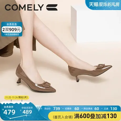 康莉单鞋女细跟秋季新款商场同款金属扣真皮中跟尖头高跟鞋女鞋图片