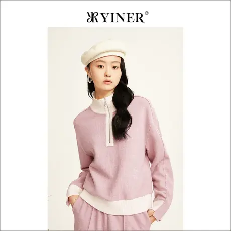 YINER音儿女装冬季法式优雅半高领撞色纯绵羊毛针织衫上衣商品大图