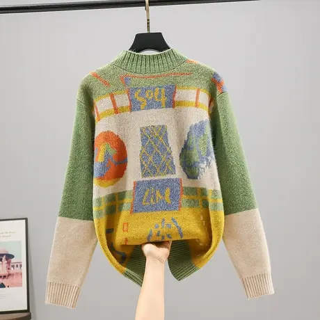 53105半高领长袖针织衫女士百搭套头毛衣新款韩版宽松打底上衣商品大图