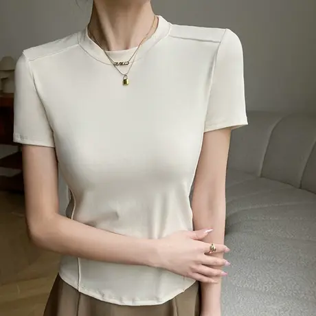正肩短袖t恤女白色打底小众设计感体恤夏季修身鱼骨上衣2023新款商品大图