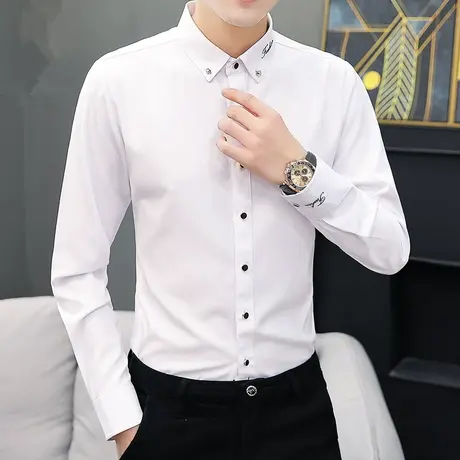 秋季新款白色衬衫男职业休闲修身长袖衬衣商务黑色寸衫男装潮正装商品大图