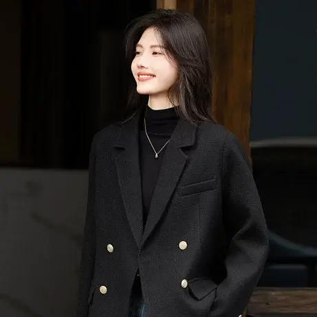 时尚毛呢2023年秋冬新款女装翻领百搭通勤长袖厚款百搭外套图片