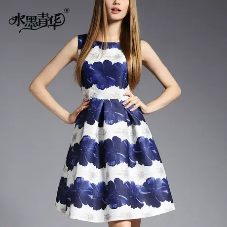 【1件7.9折】新款原创花朵宽条纹印花无袖显瘦大摆欧洲站连衣裙图片