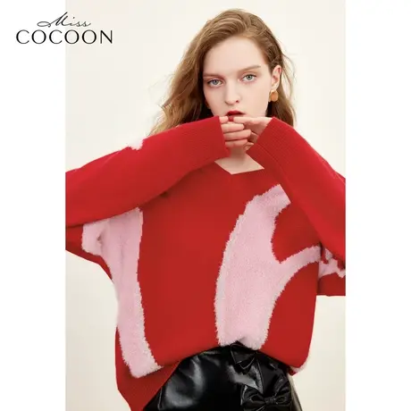 MISSCOCOON撞色V领上衣23冬新款女动物毛混纺宽松红色毛针织衫商品大图