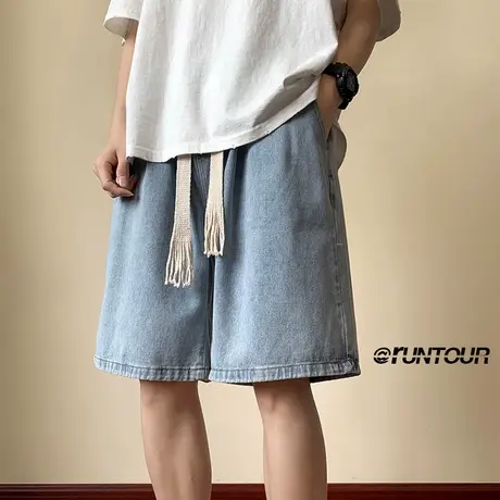 复古牛仔短裤男款夏季纯色薄款宽松直筒五分裤编织抽绳休闲裤子潮商品大图