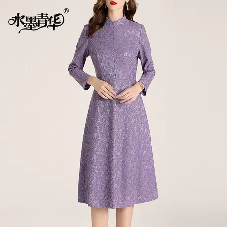 水墨青华时尚蕾丝连衣裙冬新品立领优雅百搭打底裙女装连身裙商品大图