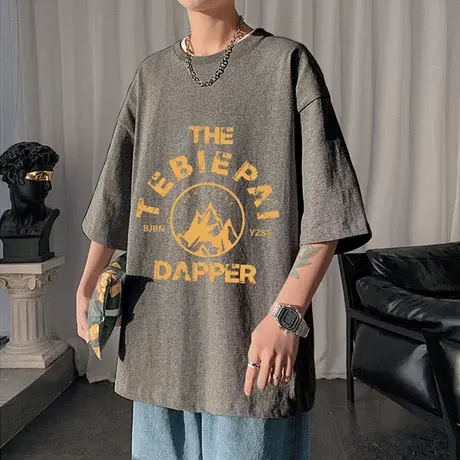 短袖t恤男夏季潮流ins纯棉宽松半袖港风男装上衣服潮牌字母体恤衫商品大图