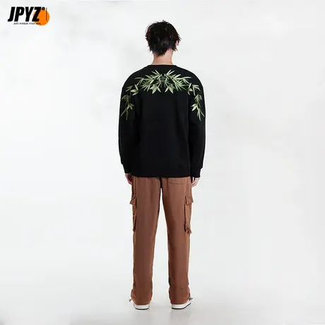 国潮刺绣黑色百搭卫衣秋冬款男女同款圆领纯棉加肥加大宽松外套衫图片