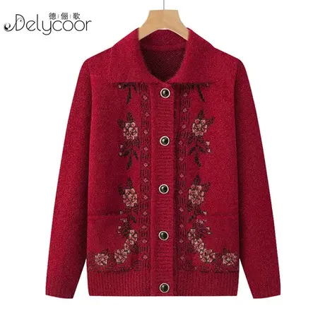 老年人翻领毛衣女春秋妈妈针织开衫奶奶冬季加绒加厚保暖外套上衣图片