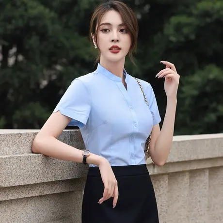 短袖V领蓝衬衫女显白气质棉质正装工作服2023夏新款衬衣薄款上衣图片