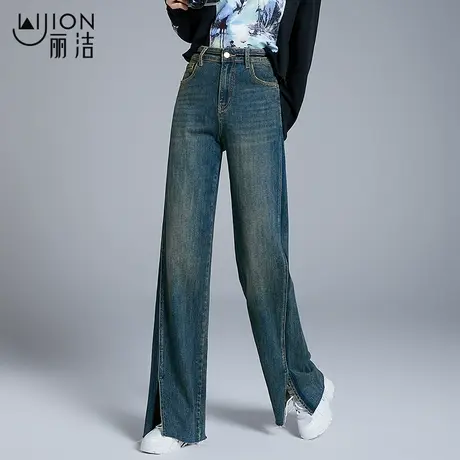 丽洁女裤高腰复古牛仔阔腿裤女2023秋季新款宽松设计感休闲拖地裤商品大图