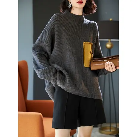 宝诗黎半高领宽松慵懒毛衣女春季长袖打底针织衫2024新款休闲上衣图片